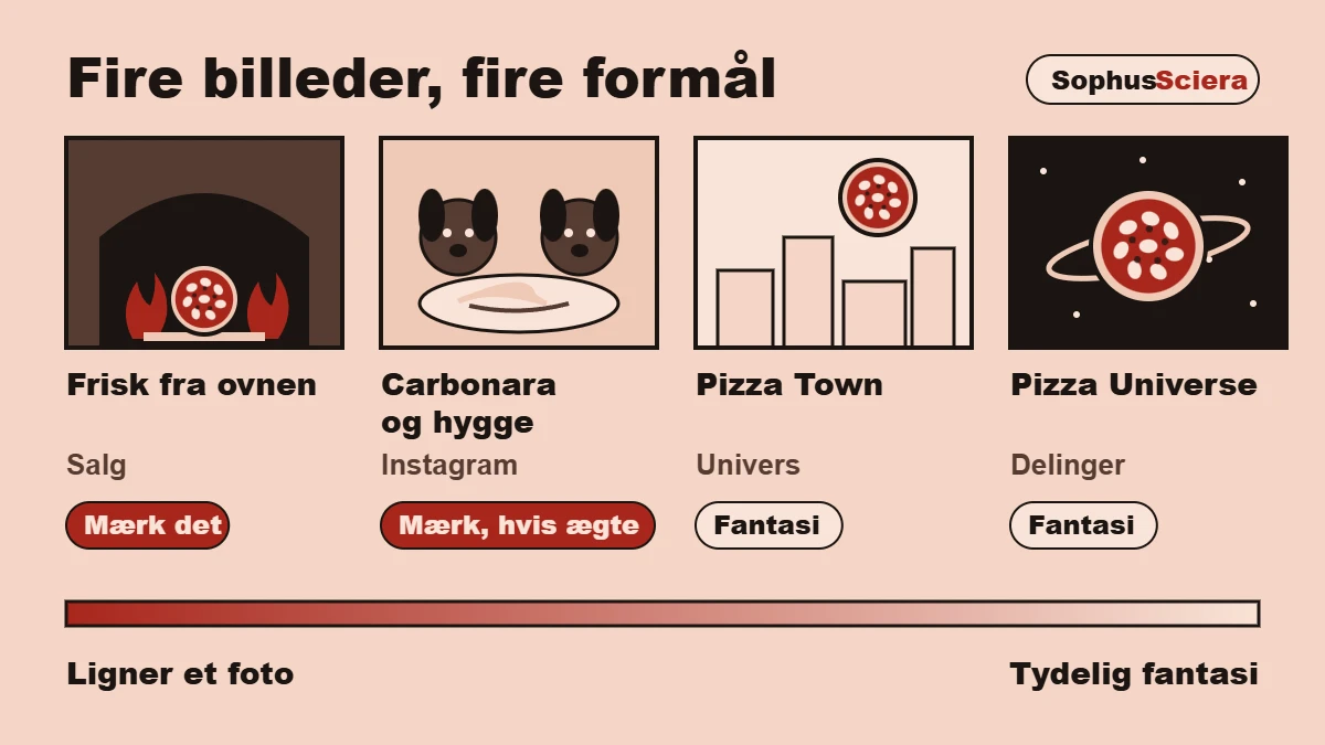 Fire tegnede billedrammer fra Marcella-casen sorteret efter formål: Frisk fra ovnen til salg og skal mærkes, Carbonara og hygge til Instagram, og Pizza Town og Pizza Universe som tydelig fantasi til delinger
