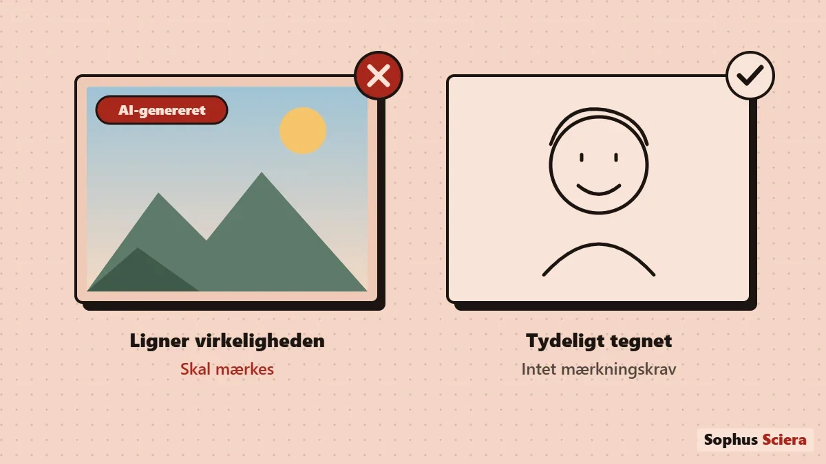 Illustration med to billeder. Til venstre et realistisk landskab med et rødt mærke, der siger AI-genereret, og teksten Ligner virkeligheden, skal mærkes. Til højre en enkel stregtegning af et ansigt med teksten Tydeligt tegnet, intet mærkningskrav.
