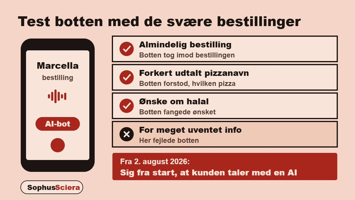 Illustration af en test af en AI-stemmebot til pizzabestillinger: almindelig bestilling, forkert udtalt pizzanavn og ønske om halal lykkedes, mens for meget uventet information fik den til at fejle, samt kravet om at sige fra start, at det er en AI