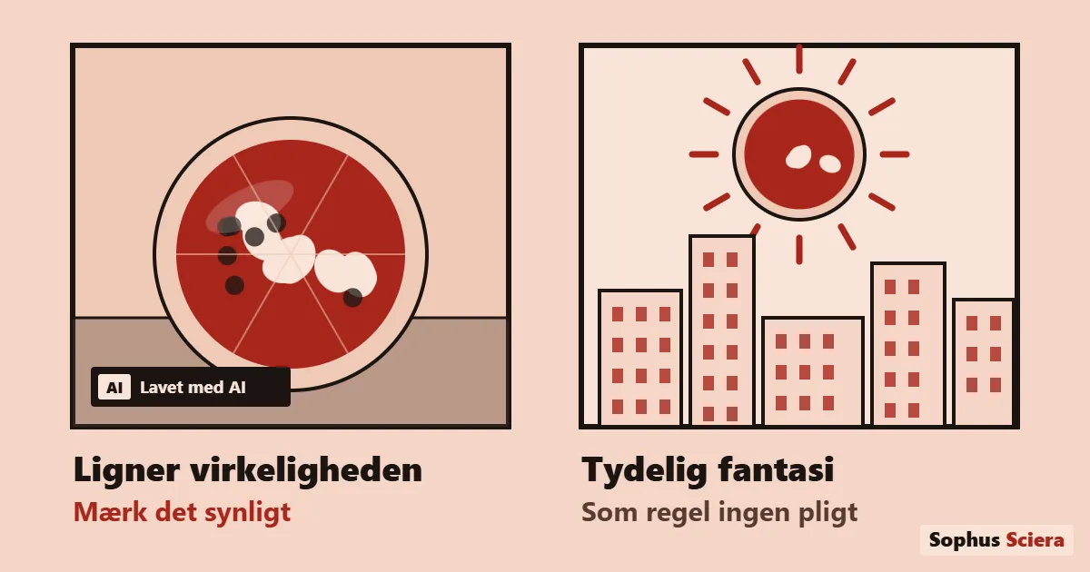 Tegnet illustration af to billedrammer: til venstre en pizza, der ligner et foto, med mærket Lavet med AI og teksten Ligner virkeligheden, mærk det synligt. Til højre en tegnefilmsby med en pizza som sol og teksten Tydelig fantasi, som regel ingen pligt.