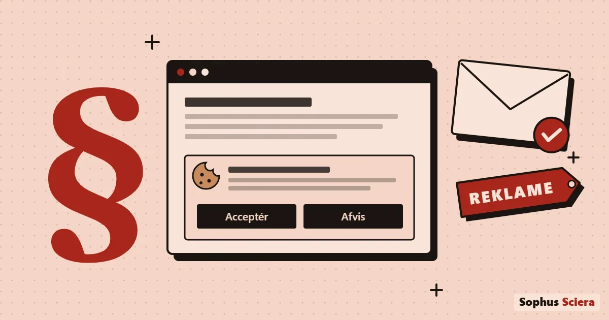 Illustration af et paragraftegn, et cookiebanner med lige store knapper til Acceptér og Afvis, en mail med et godkendt-flueben og et mærkat med teksten Reklame