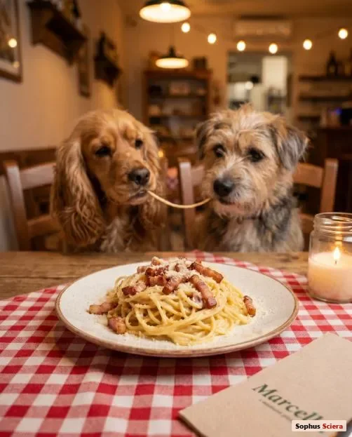 AI-genereret billede af to hunde, der deler en tallerken carbonara