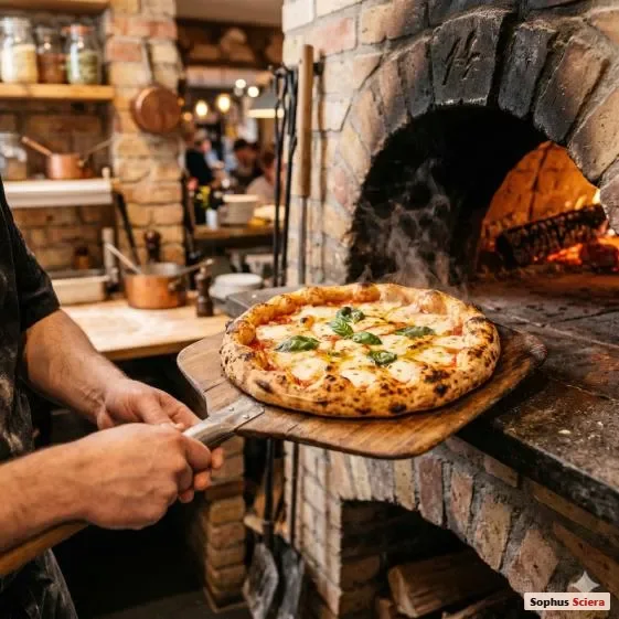 AI-genereret billede af en pizza på vej ud af en stenovn