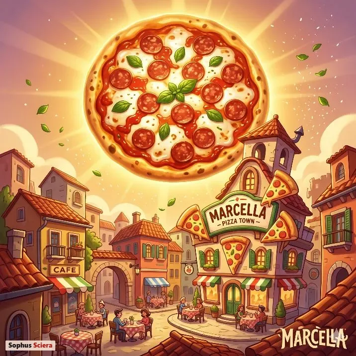 AI-genereret tegnefilmsby med en kæmpe pizza som sol