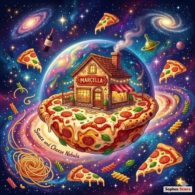 AI-genereret pizza-planet i et farverigt univers
